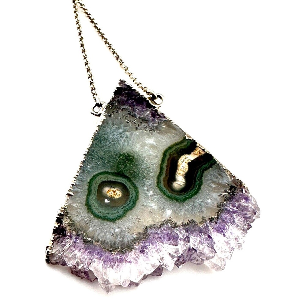 Solar Amethyst Quartz Slice Necklace Handcrafted Pendant Sterling Silver 16"